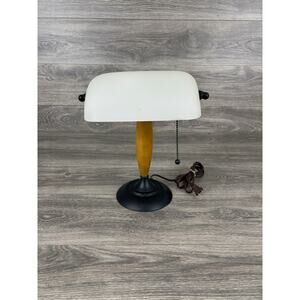 Mid Century Bankers Piano Lamp Wood Base & Opal Frosted Glass Shade